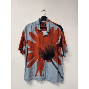 Stussy Shirt Mens XL Orange Floral Graphic Button Halftone Short Sleeve Portugal